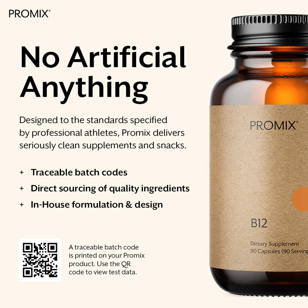ProMix Nutrition B12 ingredients panel emphasizing a clean formula.