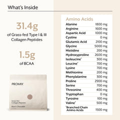 Ingredient panel highlights grass-fed collagen and cocoa for skin and joints support.