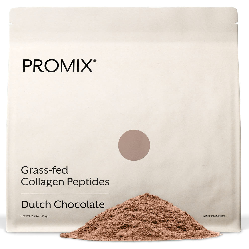 ProMix Nutrition Collagen Peptides chocolate tub highlighting grass-fed formula for skin support.