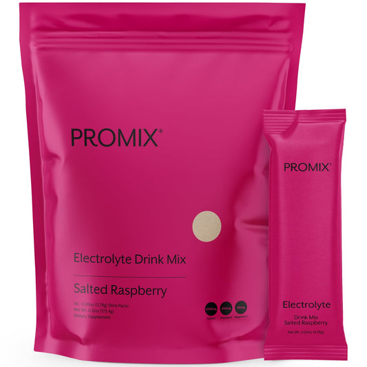 ProMix Nutrition raspberry electrolyte packet close-up for quick, refreshing hydration.