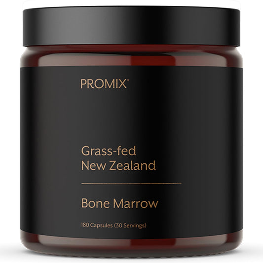 Promix Nutrition grass-fed bone marrow supplement bottle shows clean label and capsules.