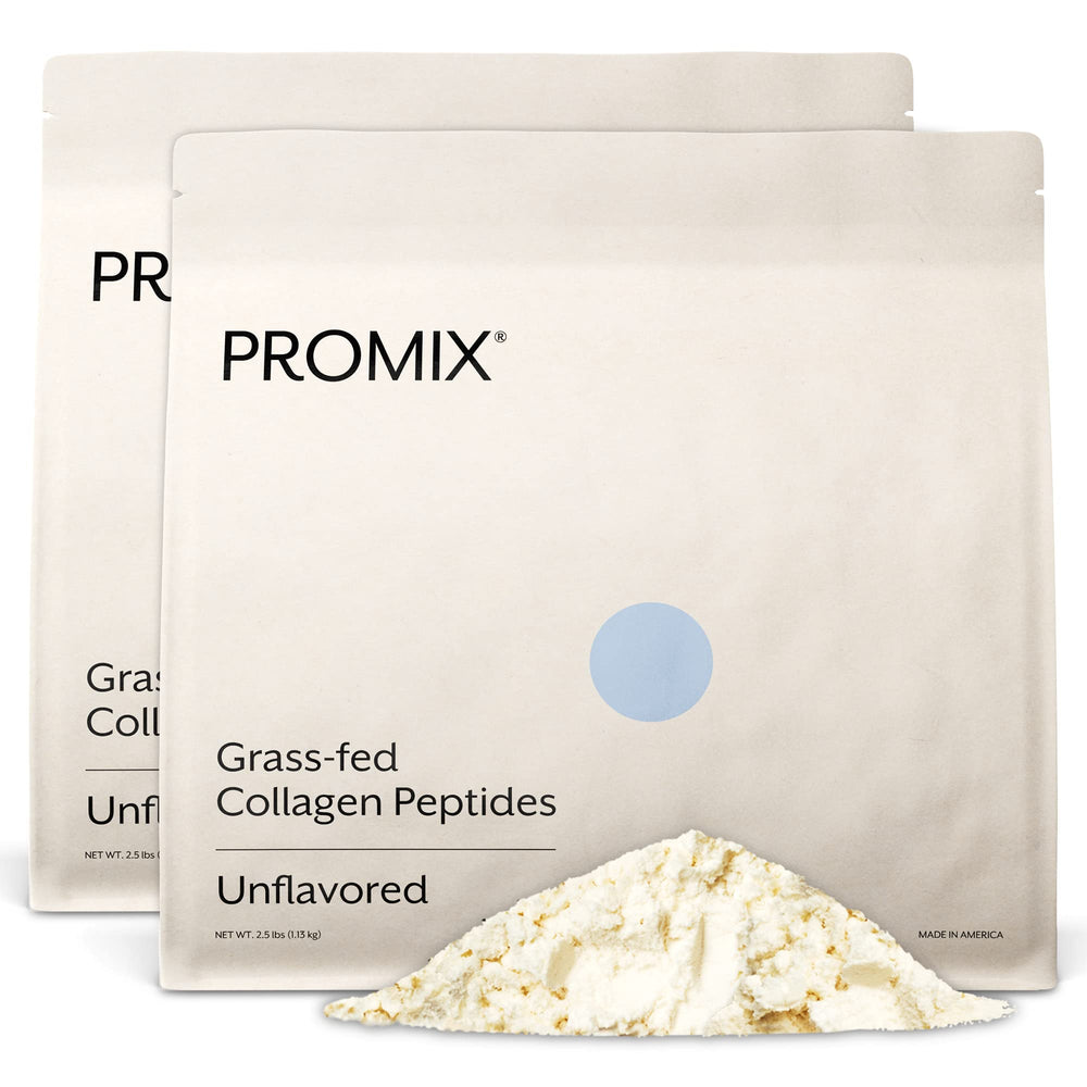 Promix Nutrition hydrolyzed collagen bottle showing grass-fed ingredients for skin and joint support