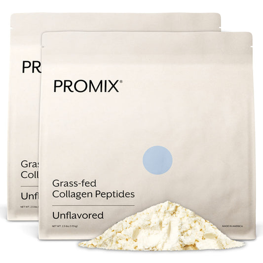 Promix Nutrition hydrolyzed collagen bottle showing grass-fed ingredients for skin and joint support