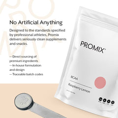 Open Promix BCAA pack close-up on powder.