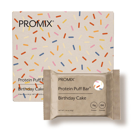 ProMix Nutrition Protein Puff Bars Birthday Cake bar close-up, high-protein on-the-go snack.