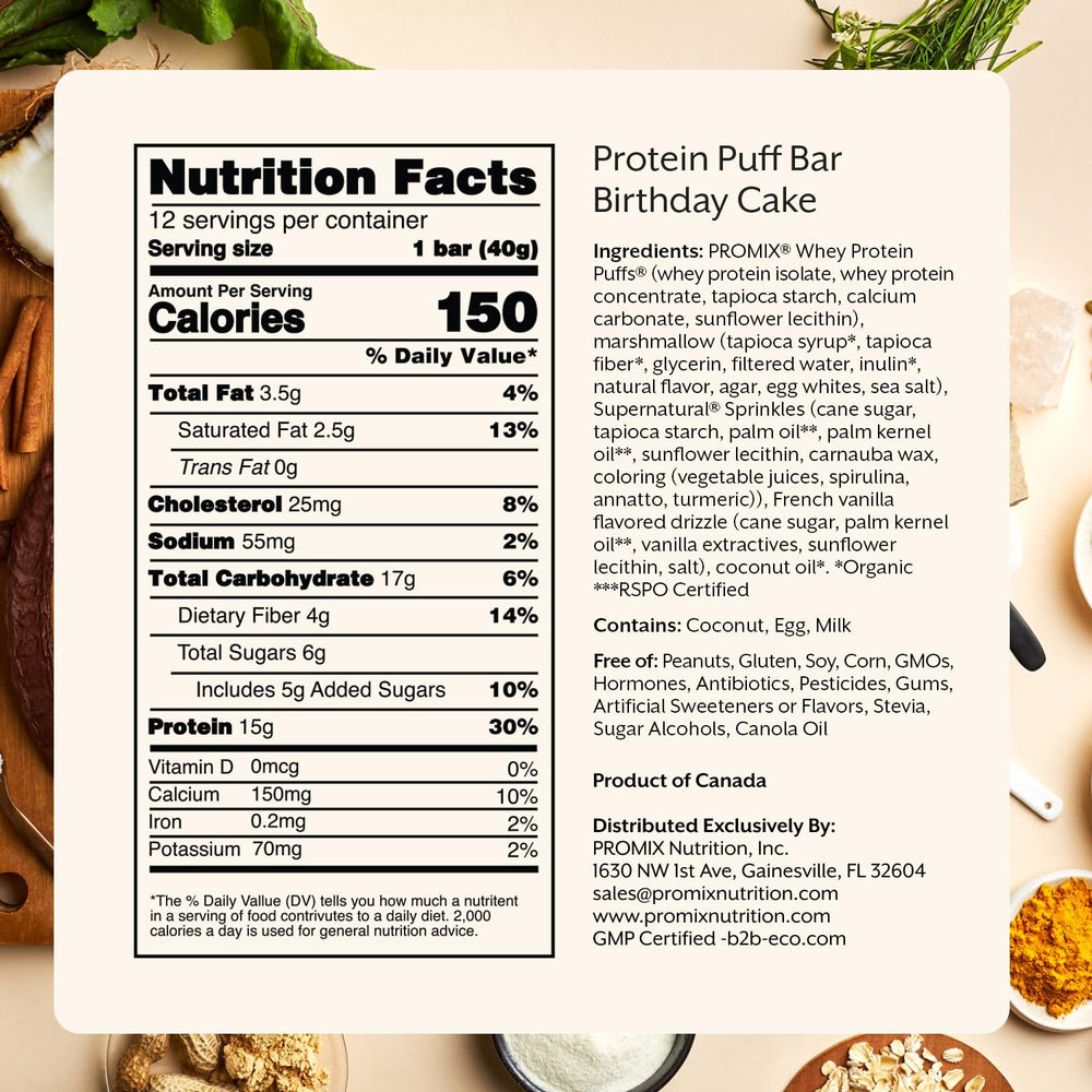 ProMix Nutrition Protein Puff Bars ingredient blend highlight grass-fed whey and coconut oil.