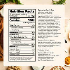 ProMix Nutrition Protein Puff Bars ingredient blend highlight grass-fed whey and coconut oil.