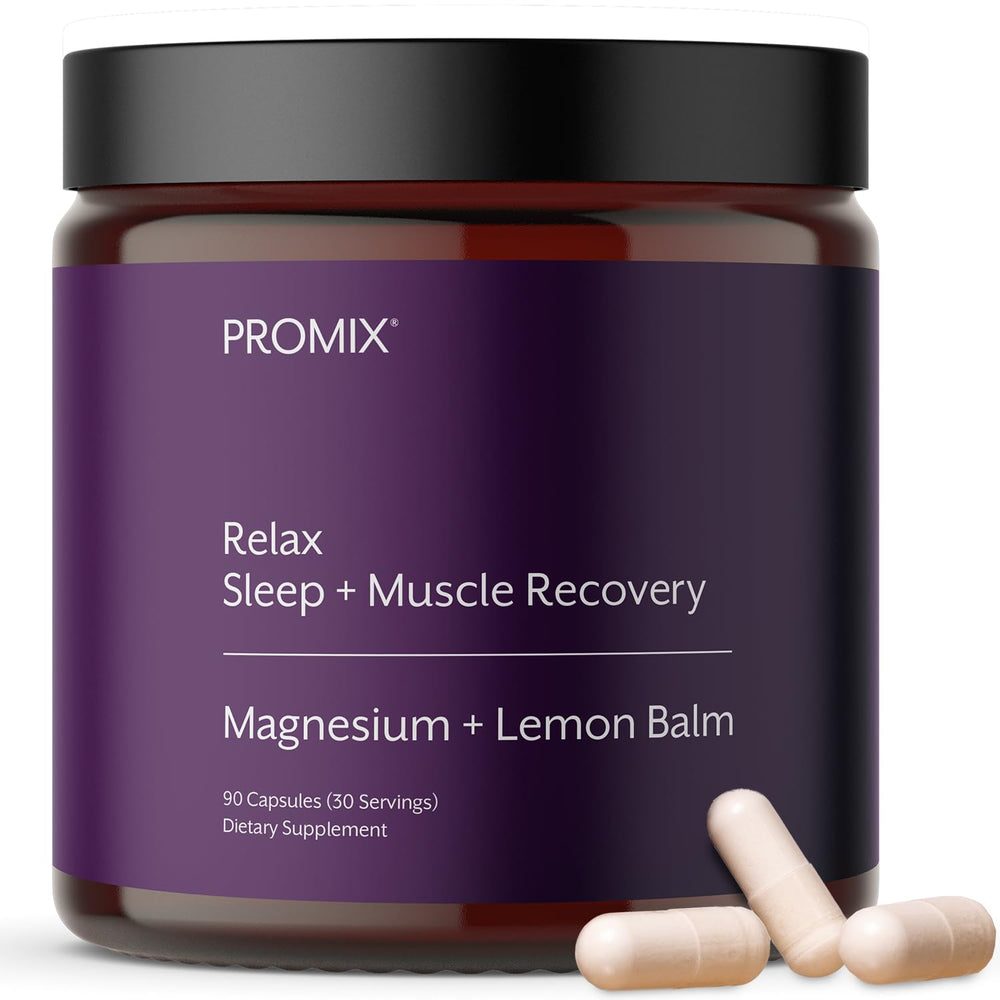 Promix Nutrition Relax bottle cap close-up showing easy-to-swallow capsules.