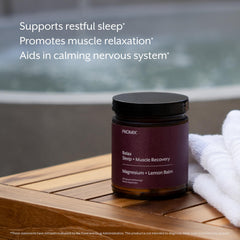 Promix Nutrition Relax label front emphasizing high-bioavailability magnesium and lemon balm.