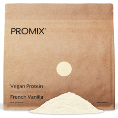 Promix Nutrition vanilla vegan protein canister for workouts, high-protein plant-based nutrition.