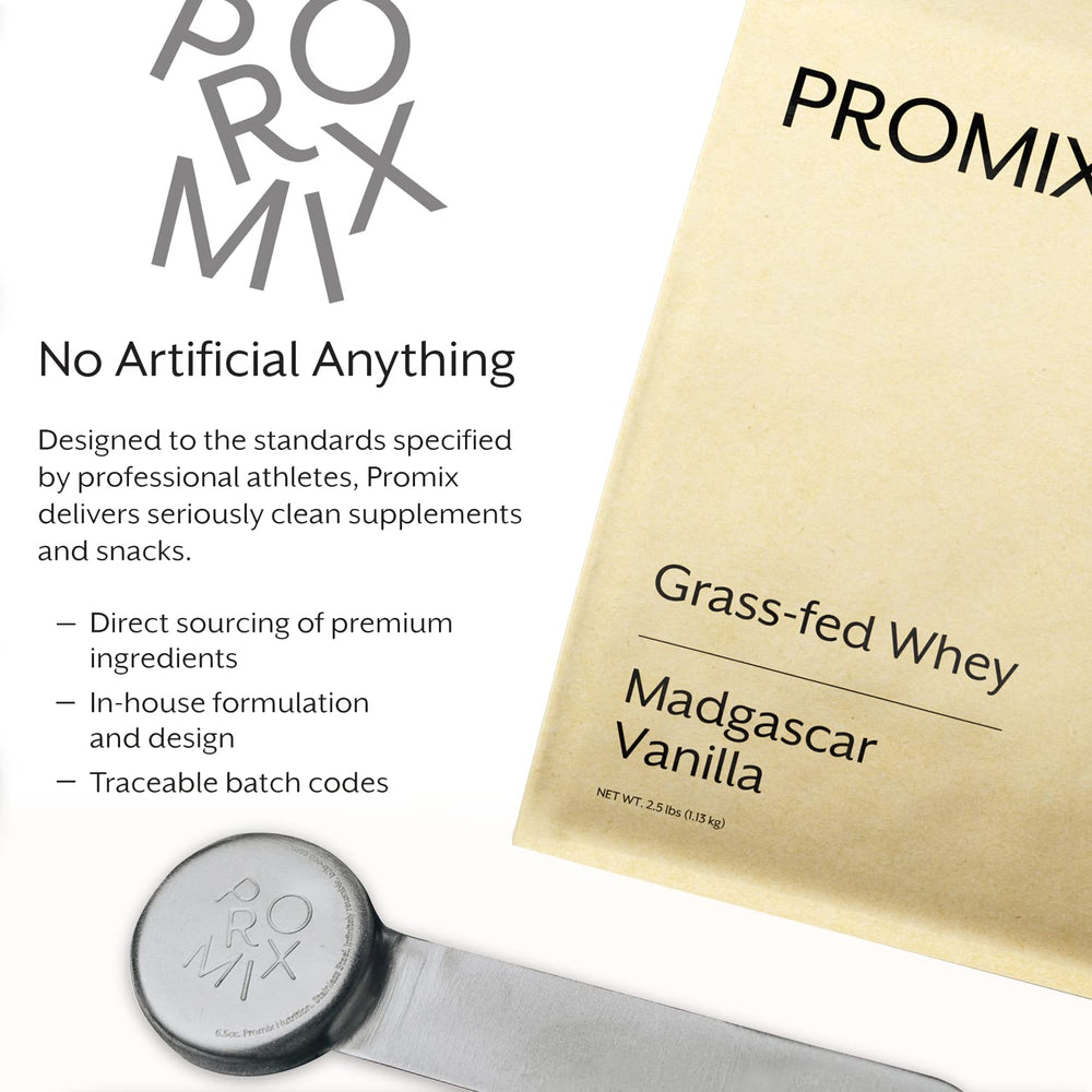 Ingredient list highlights grass-fed whey and natural vanilla in ProMix Nutrition product.