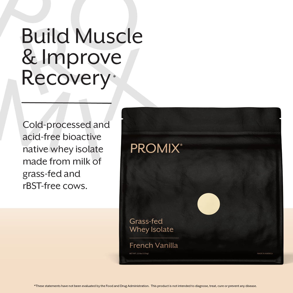 ProMix Nutrition whey isolate vanilla powder tub ideal for shakes and baking.