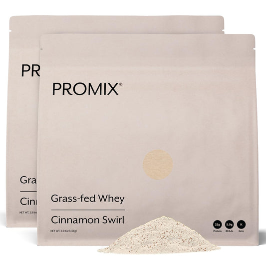ProMix Nutrition Whey Protein Powder Cinnamon Swirl bag highlights grass-fed source for clean protein