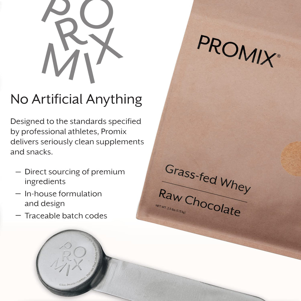 Promix Nutrition whey protein powder non-GMO ingredients list visible on the container