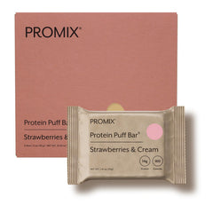 Promix Puff Bar Strawberries & Cream box, protein-packed on-the-go snack.