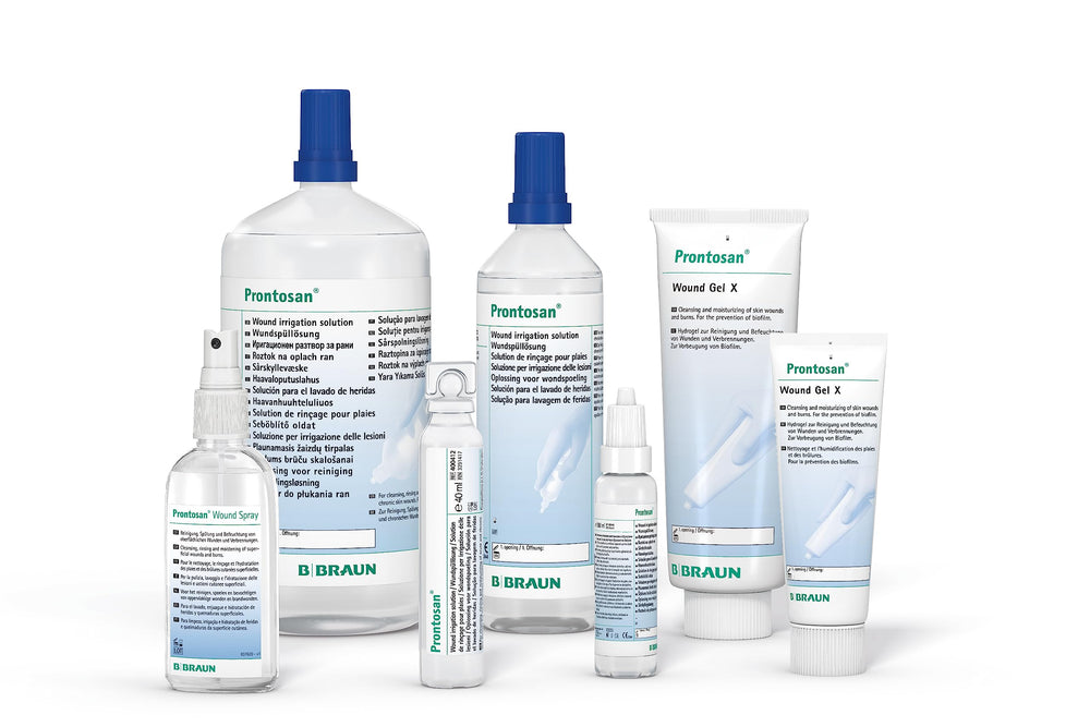 Prontosan wound gel 50 g pack shown with wound dressings