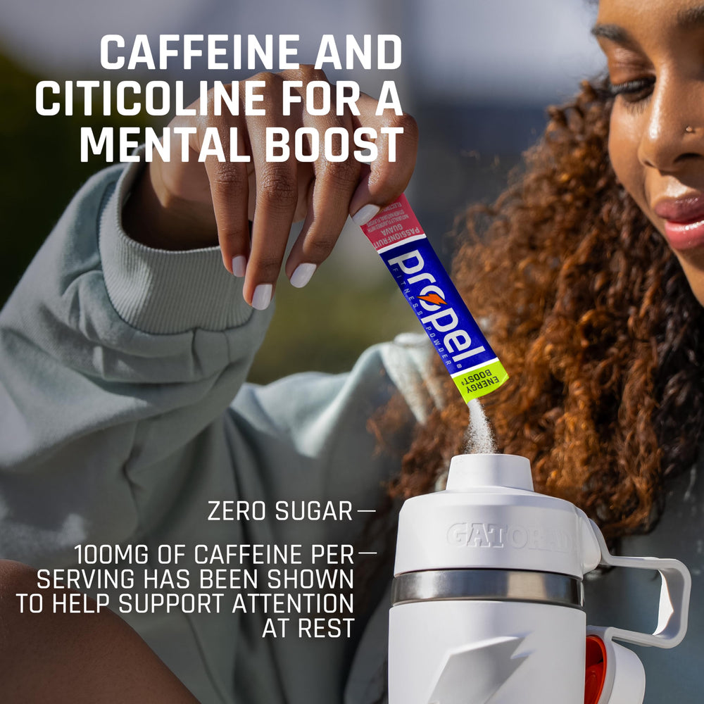 Propel Energy Boost bottle highlighting 100 mg caffeine for focus