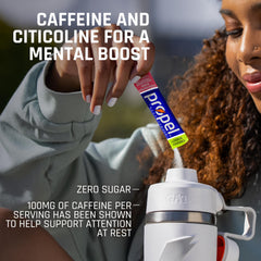 Propel Energy Boost bottle highlighting 100 mg caffeine for focus