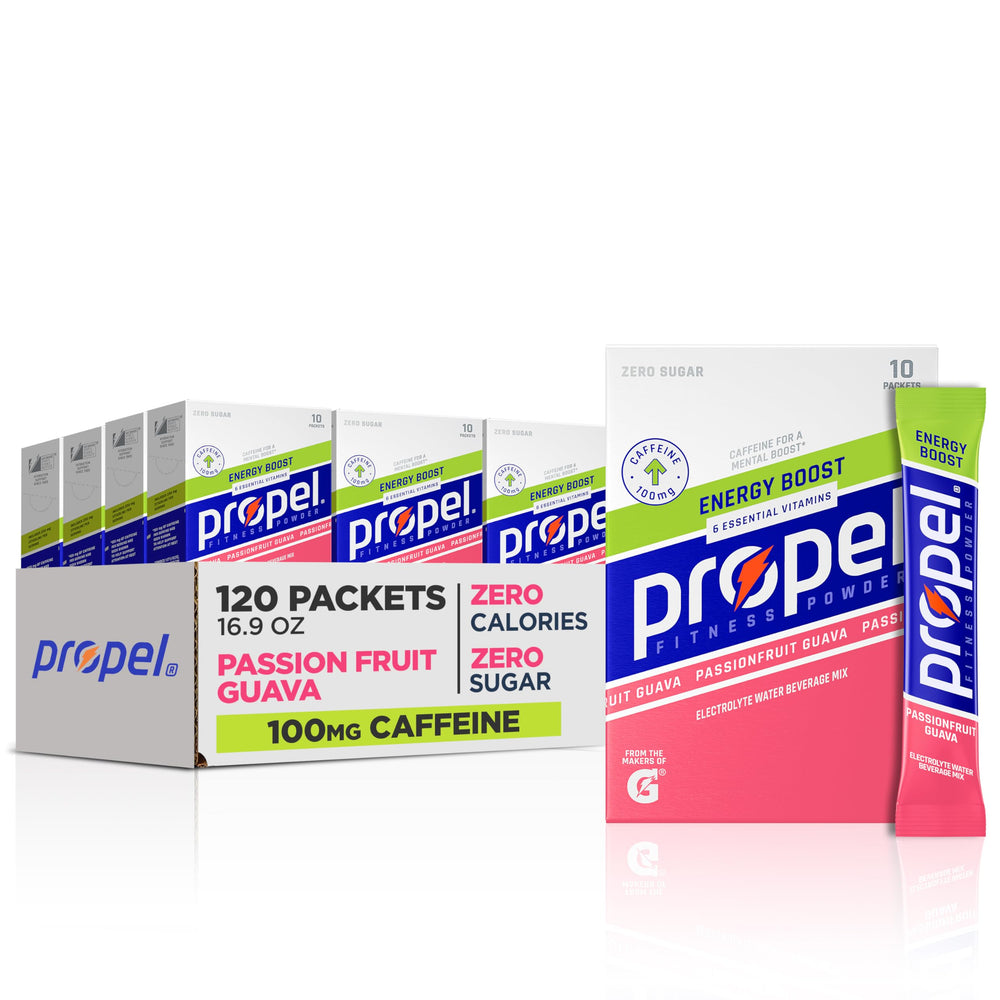 Propel Energy Boost Passionfruit Guava packet for hydration during workouts