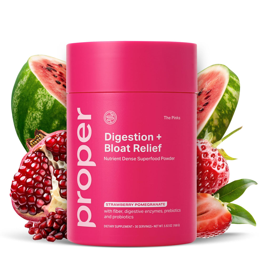 Proper The Pinks digestion powder tub front for convenient daily gut support.
