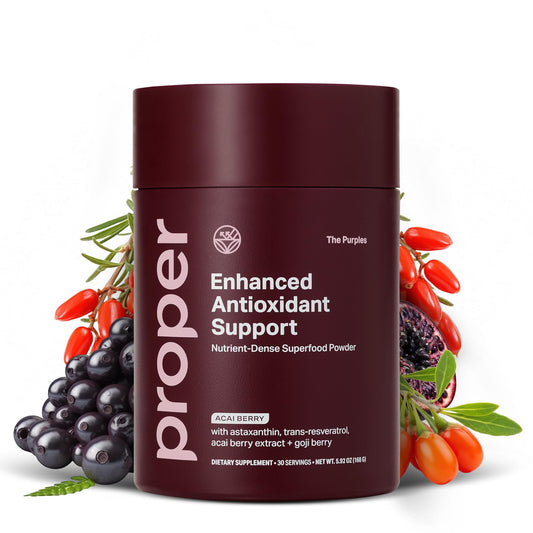 Proper The Purples acai, amla, and blueberry powder ready to boost daily antioxidants.
