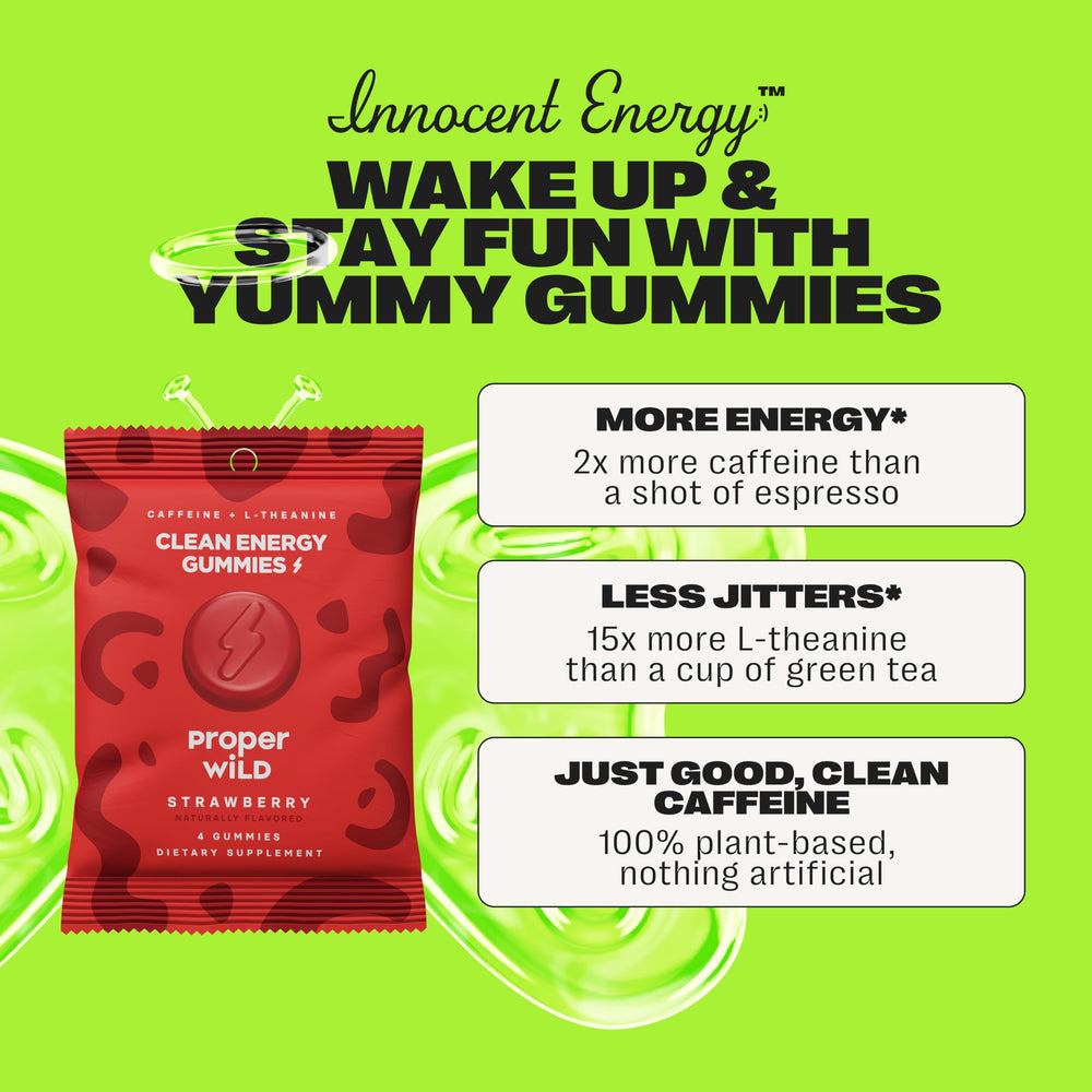 Proper Wild energy gummies ingredients green tea highlight natural caffeine and calm focus.