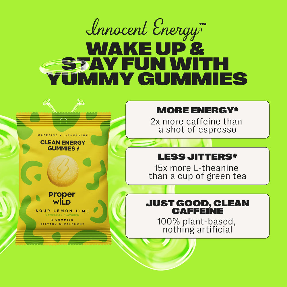 Proper Wild vegan energy gummies label notes gluten-free and non-GMO ingredients.