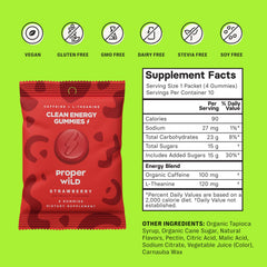 Proper Wild vegan energy gummies strawberry closeup emphasizing flavor and focus.