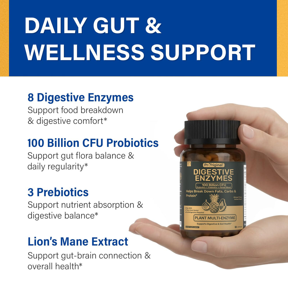 Proriginal Digestive Enzymes bottle pour showing on-the-go digestive support.