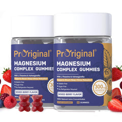 Proriginal magnesium gummies bottle on nightstand for stress and sleep support.