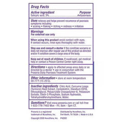 Prosoria psoriasis gel label closeup showing steroid-free formula.