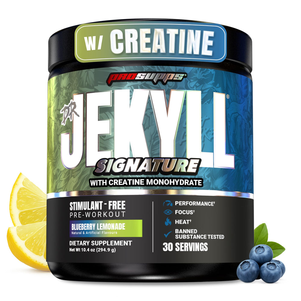PROSUPPS Dr. JEKYLL V2 blueberry lemonade bottle promotes caffeine-free focus during workouts.
