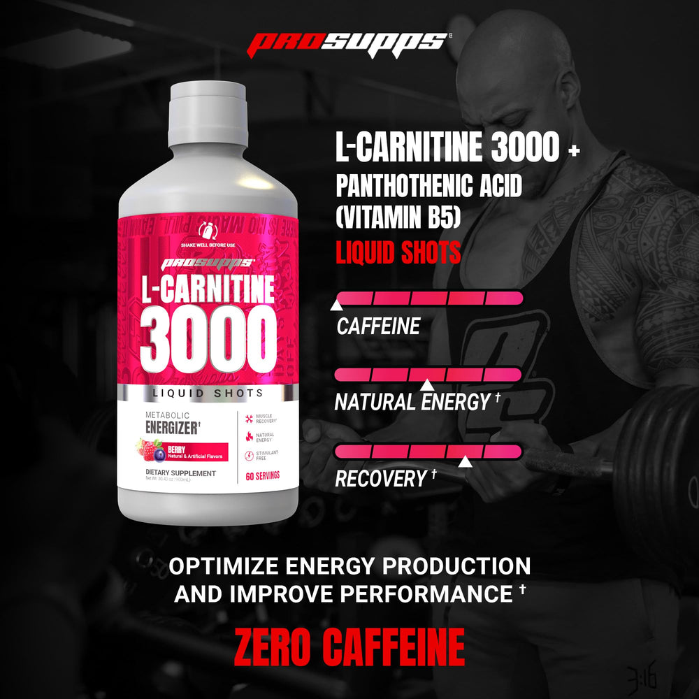 PROSUPPS L-Carnitine Liquid 3000 pour highlights portable energy boost without sugar or carbs.