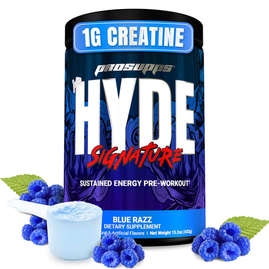 PROSUPPS Mr. Hyde Signature Blue Razz tub front boosts energy and focus for workouts.