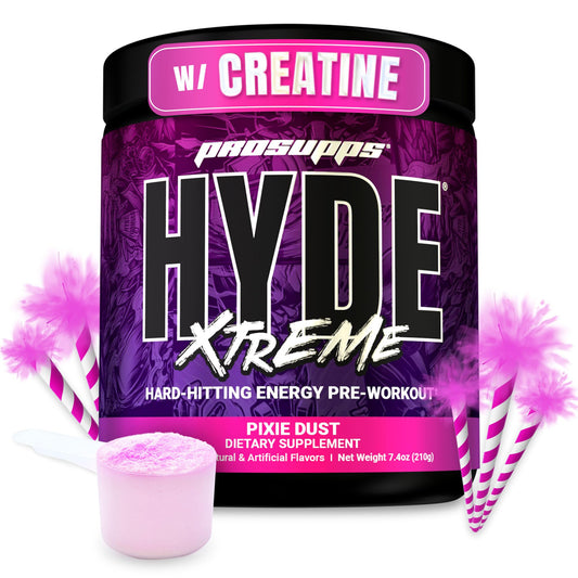 PROSUPPS Mr Hyde Xtreme tub label highlights high energy pre-workout and focus.