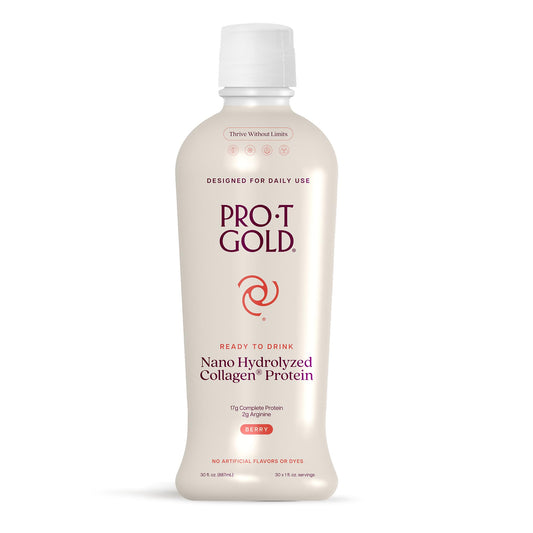 ProT Gold liquid collagen bottle shows 17g protein per serving for daily support