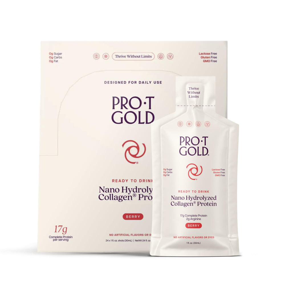 ProT Gold liquid collagen shot bottle for on-the-go protein