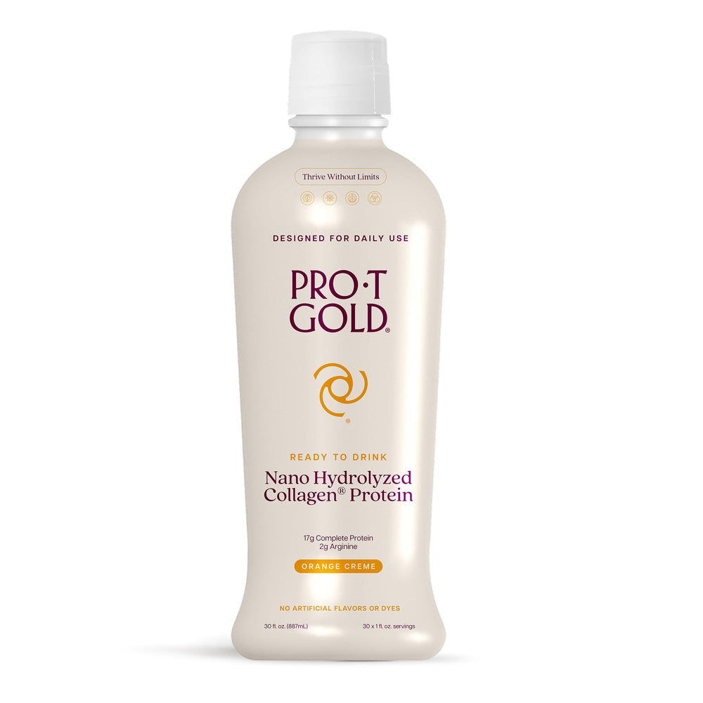 ProT Gold Liquid Collagen Shot bottle with orange creme flavor for quick protein intake