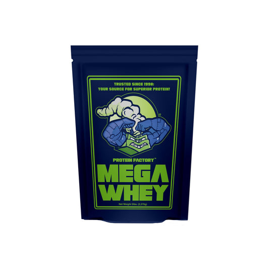 Protein Factory Mega Whey Plain front label with soy-free, clean protein for daily muscle support.