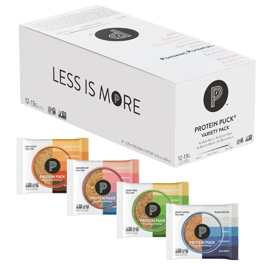 Protein Puck variety pack of 16 bars, ideal for trying multiple flavors on the go.