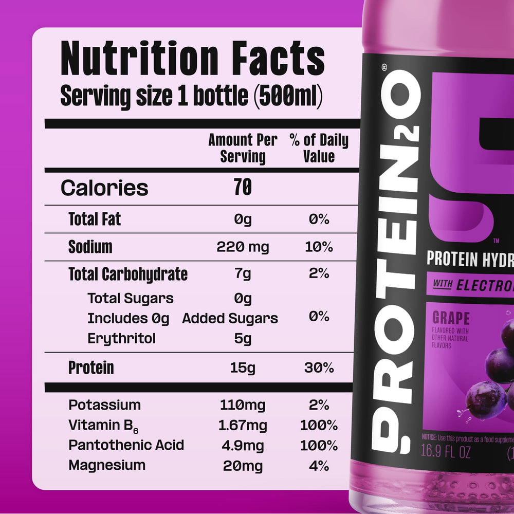 Protein2o clear protein water in a glass emphasizes fast-absorbing whey isolate.