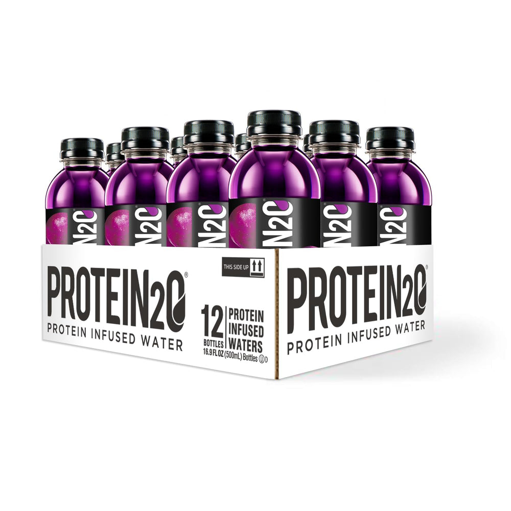 Protein2o Harvest Grape label highlights 0g sugar and gluten-free claim.