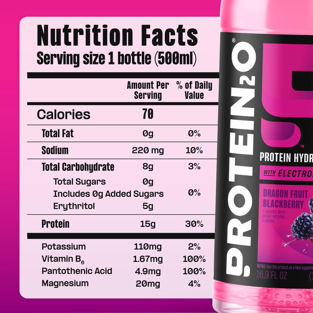 Protein2o Dragonfruit Blackberry bottle showing clean protein water on the go
