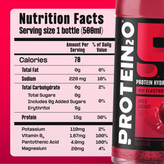 Protein2o Hydration bottle label displays 15g whey and electrolytes for post-workout fueling.
