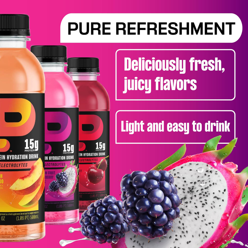 Protein2o Flavor Fusion Variety Pack image with Peach Mango, Wild Cherry, Dragonfruit Blackberry