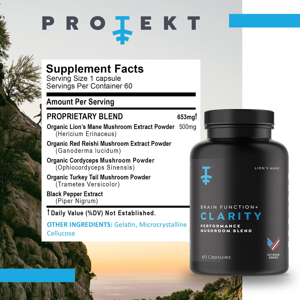 Close-up of PROTEKT Lions Mane capsules for cognitive support.