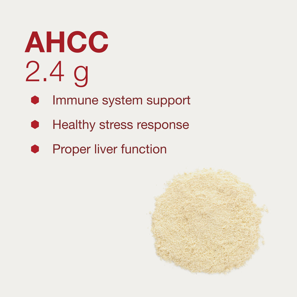 PROTOCOL FOR LIFE BALANCE AHCC Powder label showing vegan and dairy-free nutrition.