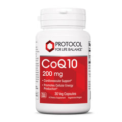 Protocol for Life Balance CoQ10 200 mg bottle highlighting vegan, non-GMO formula for daily energy support.