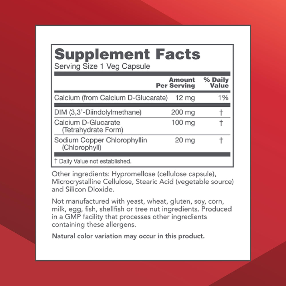 DIM 200 Plus bottle label close-up highlighting calcium D-glucarate inclusion