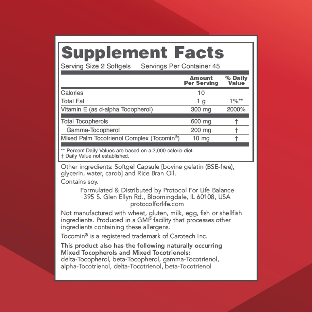 PROTOCOL FOR LIFE BALANCE Gamma E Toco Complex softgels closeup highlights easy-to-swallow capsules